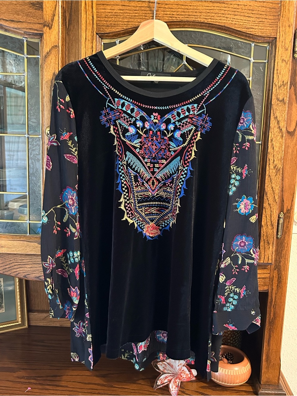 Black Velvet Embroidered Floral Tunic
